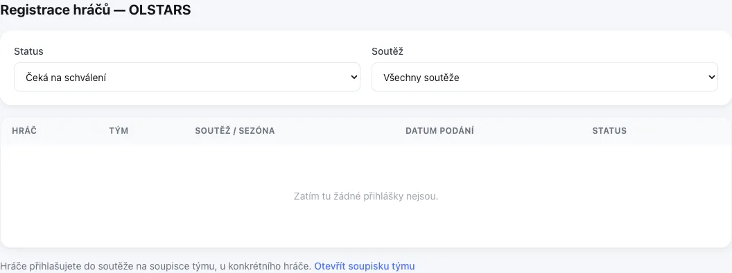 Přehled přihlášek hráčů do soutěže se stavy.